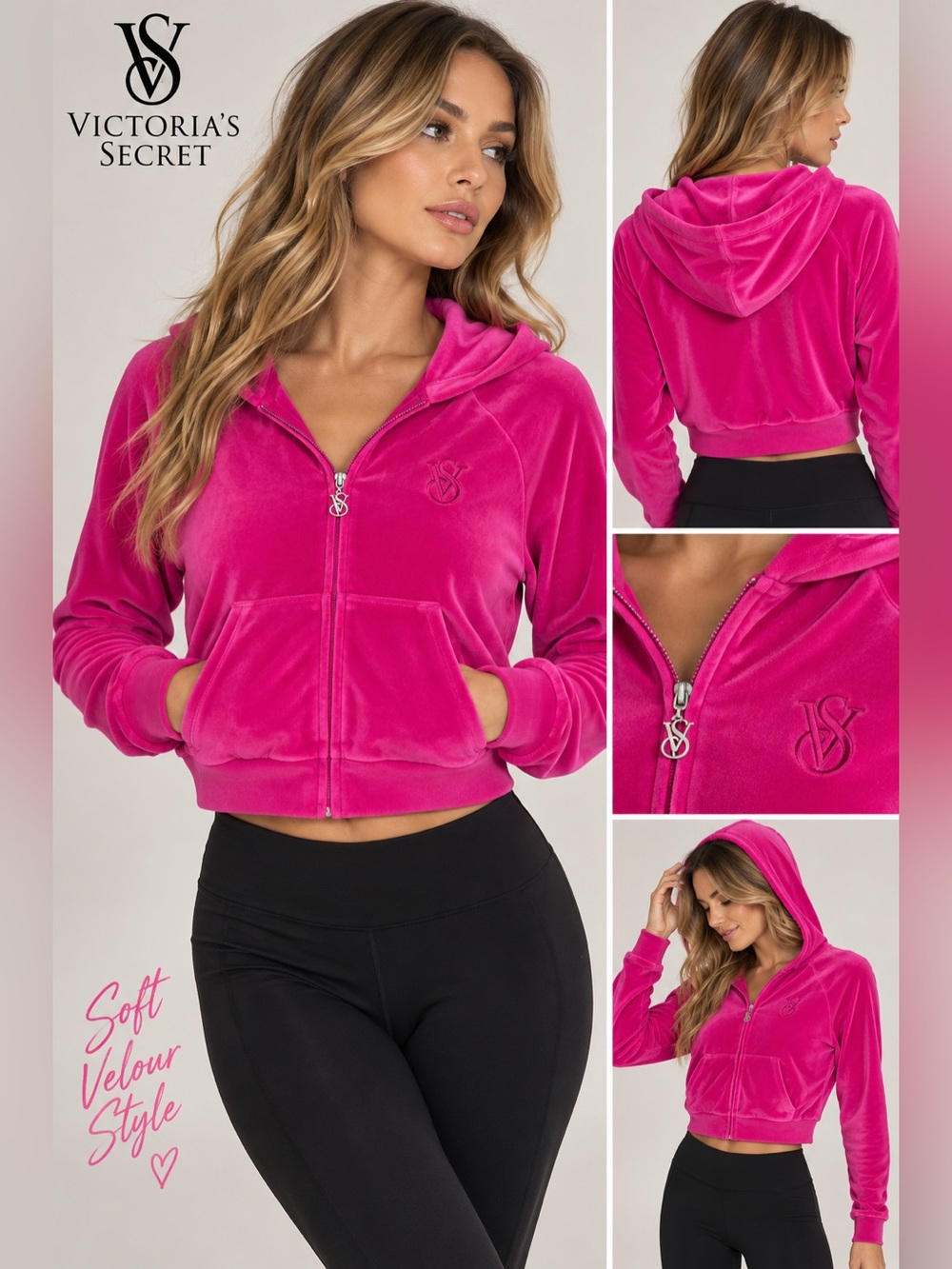 Victoria's Secret Hot Pink Cropped Velour Zip Hoodie Sz M/L oversized